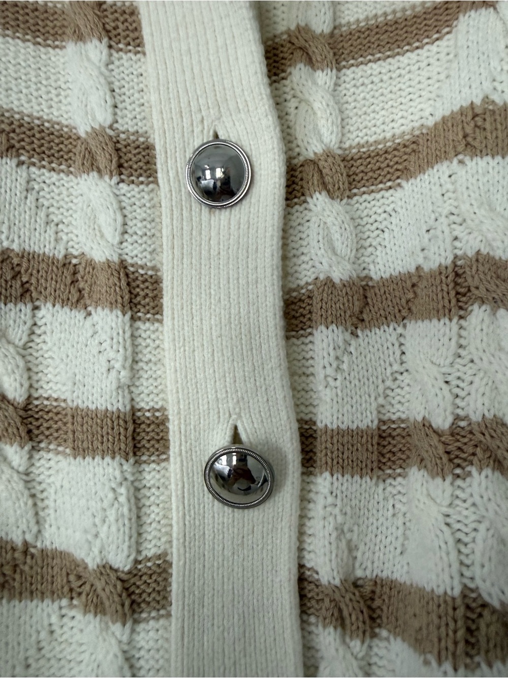 Talbots Cream and Tan Striped Collared Button-Up Cardigan - Picture 2 of 5